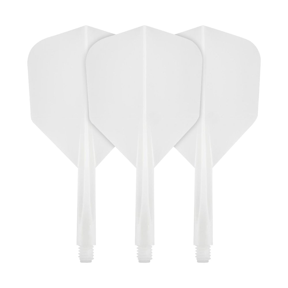 Das Bild zeigt drei weiße Dartflights mit integriertem Schaft. Es handelt sich um das Produkt "Condor Axe White Flight-System Small".